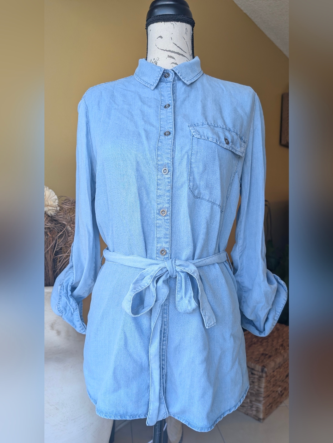 Light Blue Denim Shirt Dress With Tie Waist Size Medium